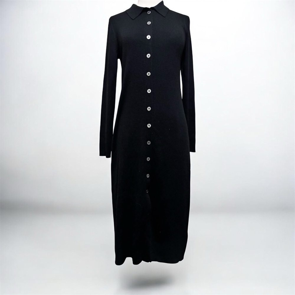 J. Crew Black Long-Sleeve Button-Front Knit Midi Dress